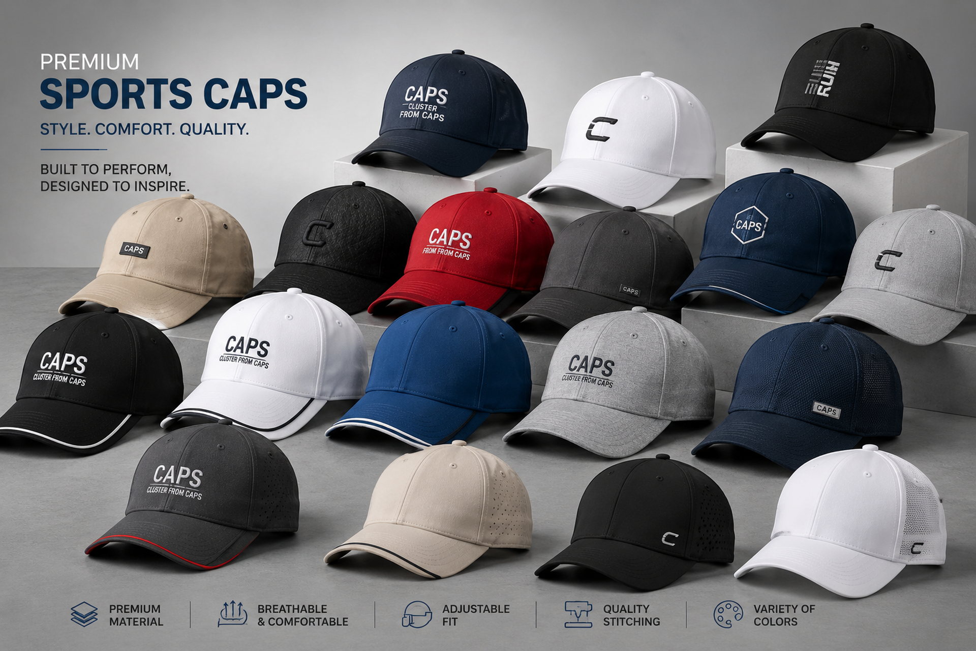 Premium custom sports caps manufactured by Siatua Impex